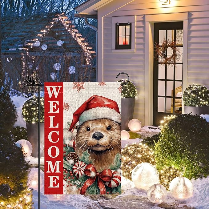 Christmas Garden Flag Welcome Xmas Otter Winter Holiday Decorations Burlap Vertical Double Sided Farmhouse Yard Lawn Outdoor Decor 12.5 x 18 Inch