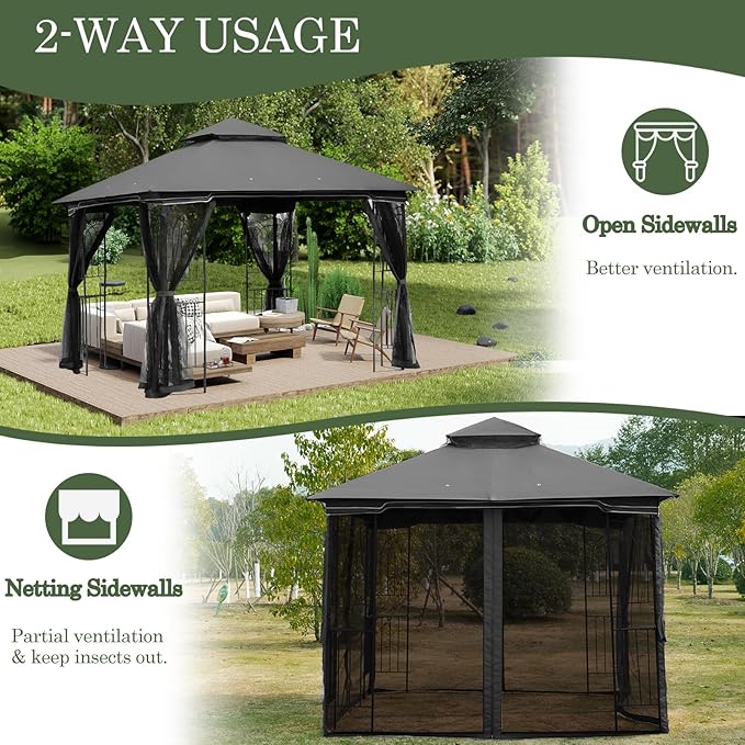 ECOTOUGE Outdoor Gazebo 10'x10', Heavy Duty Canopy Tent with Soft Double Roofs & Metal Corner Frame Shelves, Party Tent Shelter with Mosquito Netting for Patio, Deck, Backyard, Grey