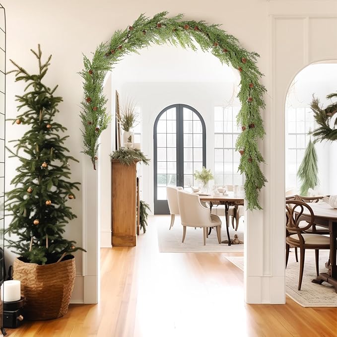 WBHome 2pcs Real Touch Cypress Cedar & Pine Cone Evergreen Garland for Christmas Holiday Seasonal Outdoor/Indoor Home Decor, 9FT Long