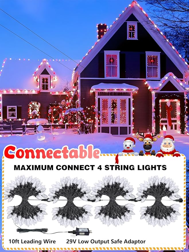 2-Pack Connectable C9 Christmas Lights Outdoor Indoor, 66 FT 100 LED Christmas String Lights Plug in with 8 Modes & Timer, Waterproof Fairy Twinkle Light for Xmas Tree Yard Decorations (Red and White)