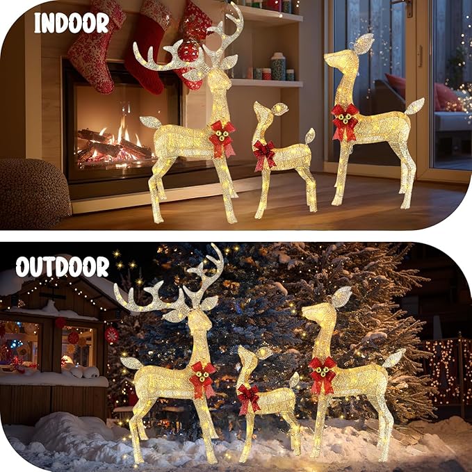 Light Up Christmas Reindeer Decor Set of 3 (4ft Tall) with 240 LED Lights, Ideal as Outdoor Christmas Decorations Yard Display or Indoor Home Decor, Features Sturdy Metal Frame and Ground Stakes