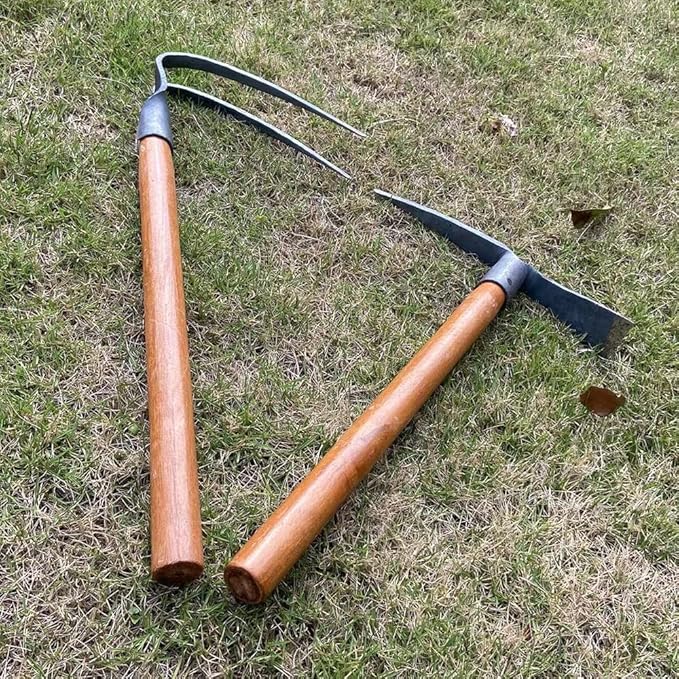 2PCS 19.6 Inches Garden Pick, 2 Prong Hand Hoe Tool Set Garden Tool with Wooden Handle, Transplanting Digging Planting Loose Soil Camping or Prospecting