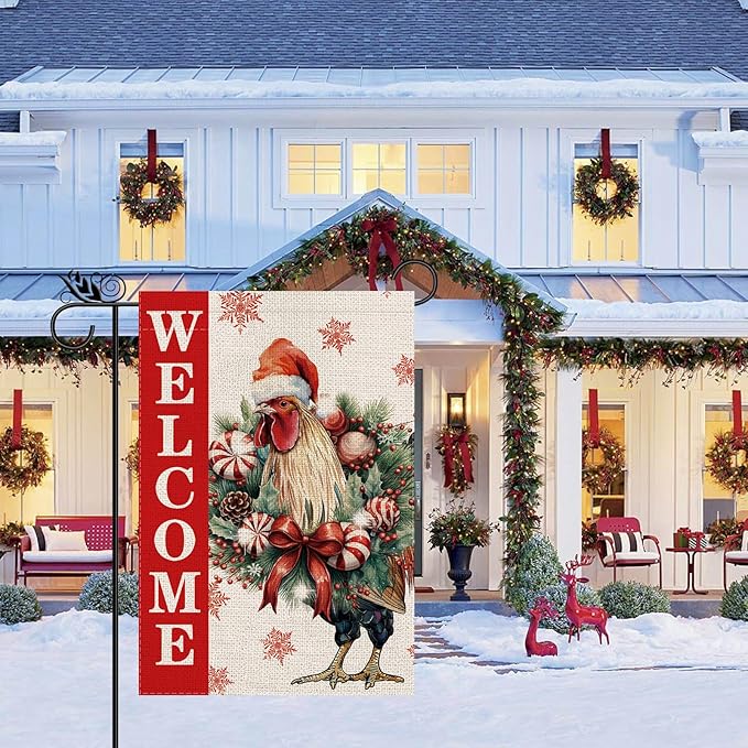 Christmas Garden Flag Welcome Xmas Chicken Winter Holiday Decorations Burlap Vertical Double Sided Farmhouse Yard Lawn Outdoor Decor 12.5 x 18 Inch
