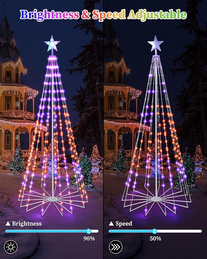 Brightever 7FT 295 LED Smart Cone Christmas Tree, Outdoor Prelit Christmas Tree with 16 Million DIY RGB LED Light Show, Remote APP Control Color Changing Music Sync for Xmas Outdoor Decorations