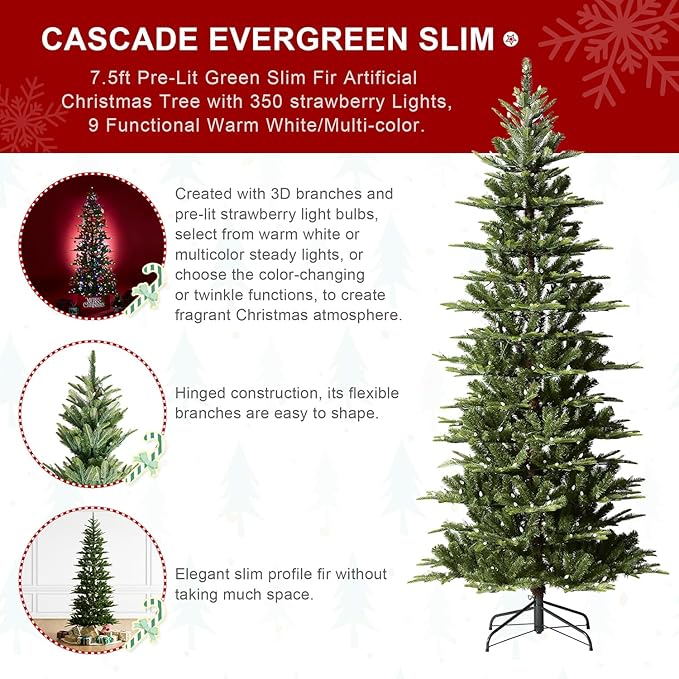 Glitzhome 7.5ft Pre-Lit Green Fir Christmas Tree, Cascade Evergreen Slim Artificial Holiday Christmas Tree with with 350 Strawberry Lights,9 Functional Warm White/Multi-Color, Remote Controller