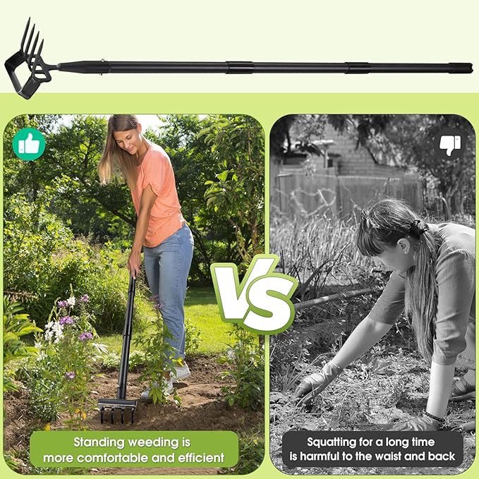 Weed Puller Gardening Tools, Hula Garden Hoe and 4 Tines Rake 2-in-1 Garden Tools for Weeding, Action Stirrup Hoe with Adjustable Long Handle for Lawn,Vegetable Garden Loose Soil,Weeding and Planting