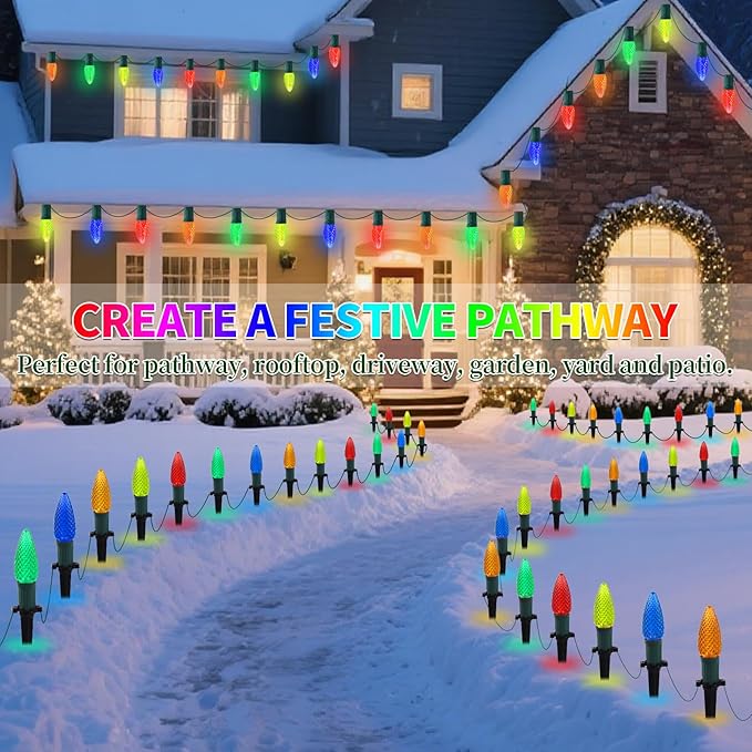 C9 Strawberry Christmas Pathway Lights Outdoor, 20 LED Multicolor Outdoor Christmas String Lights with Stakes, 25.7FT Holiday Decorations for Indoor, Outside,Roofline, Backyard, Xmas Decor