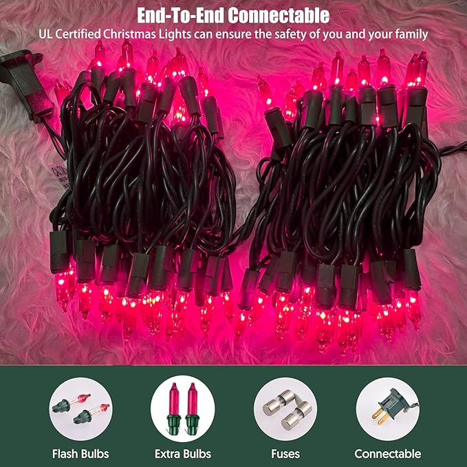 HISHINY Christmas Lights 100 Count Pink Christmas Tree String Lights with Green Wire for Outdoor Indoor Christmas Decorations Wedding Decorations Valentines Day Decor,UL Certified (21feet)