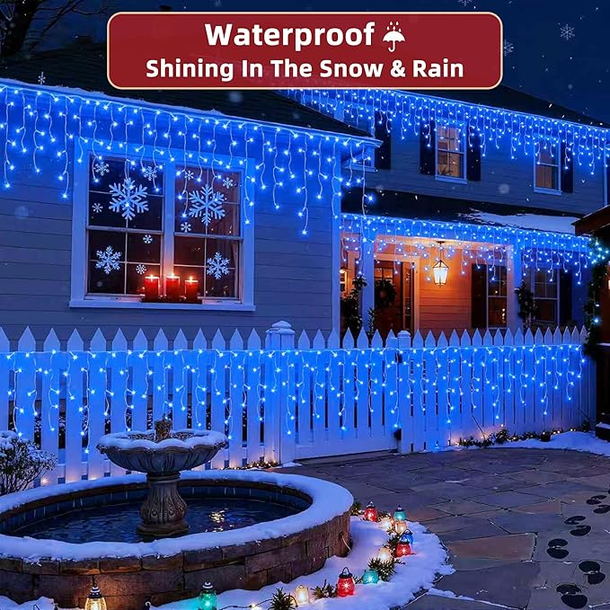 504 LED Christmas Lights Outdoor 50FT with 112 Drops, Christmas Decorations Hanging Lights 12 Modes, Dimmable Outsite Fairy String Lights for Wedding Party Holiday Winter Wonderland Decor Blue