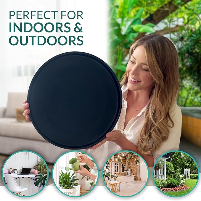 Heavy Duty Ceramic 14 Inch Planter Saucer - with Silicone Feet for Added Surface Protection - Scratch-Resistant Black Pot Saucers for Plants, for Pots 13.75" at the Base or Less, Black Plant Saucer