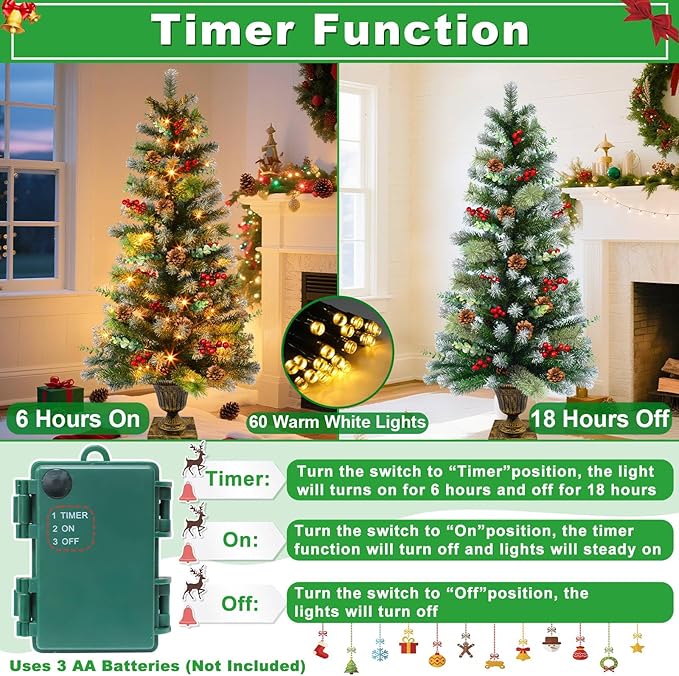 2 Set 4Ft Snowy Outdoor Christmas Entrance Tree with Timer 60 Warm Lights Battery Operated,120 Branches Tips,14 Eucalyptus,13 Smoky Pine Bristle Leaves,10 Pine Cones,9 Red Berries for Porch Front Door