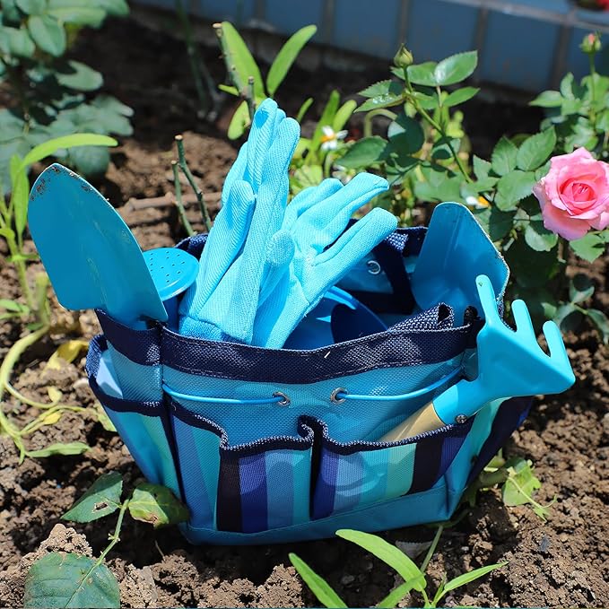 Kids Gardening Tools Set, Toddler Play Kit Child Outdoor Toy with Gloves, Watering Can, Metal Shovel, Rake, Spade & Storage Bag, Backyard Sand Digging Birthday for Boys Girls 3-5 (Blue)