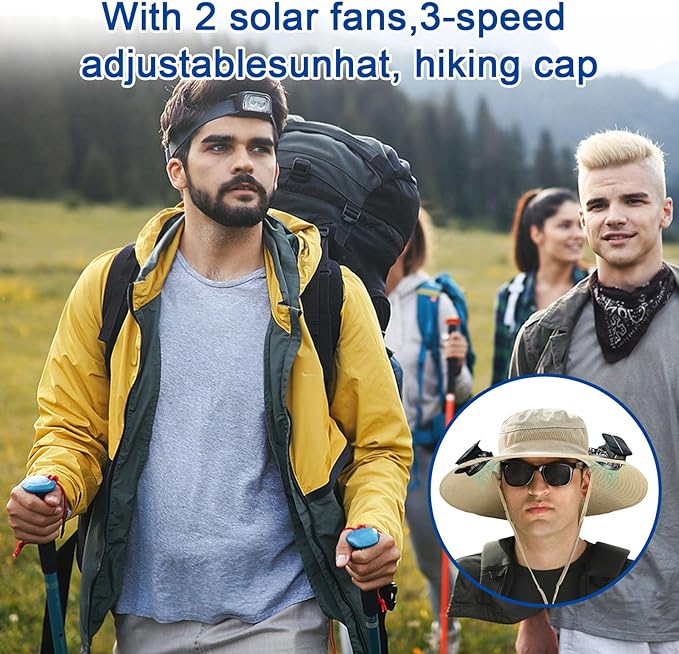 Solar Fan Hat, Wide Brim Sun Cap with 2 Solar Sun Protection Fans, USB and Solar Powered Fan Hat