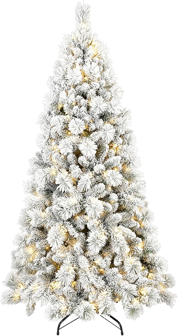 7 Ft Pre-Lit Snow Flocked Artificial Christmas Tree with 450 Warm LED Lights, Premium Holiday Xmas Tree with 1060 Realistic Branch Tips, Metal Stand for Indoor Home/Office Decor (Easy Assembly)