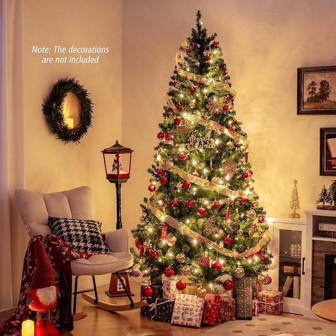 GOFLAME 8FT Prelit Artificial Christmas Tree, Hinged Xmas Tree with 1182 Branch Tips, 400 Warm White LED Lights, 8 Lighting Modes, Holiday Decoration Tree for Home Office Party