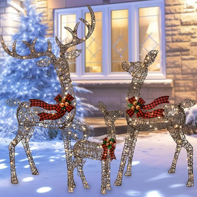 Outdoor Christmas Decorations Rattan Reindeer Family - Light Up Rattan Deer 3 Set with 210 LED Lights - Outside Yard Decor Kit Including Lighted 3-Piece Deer, Stakes - Brown