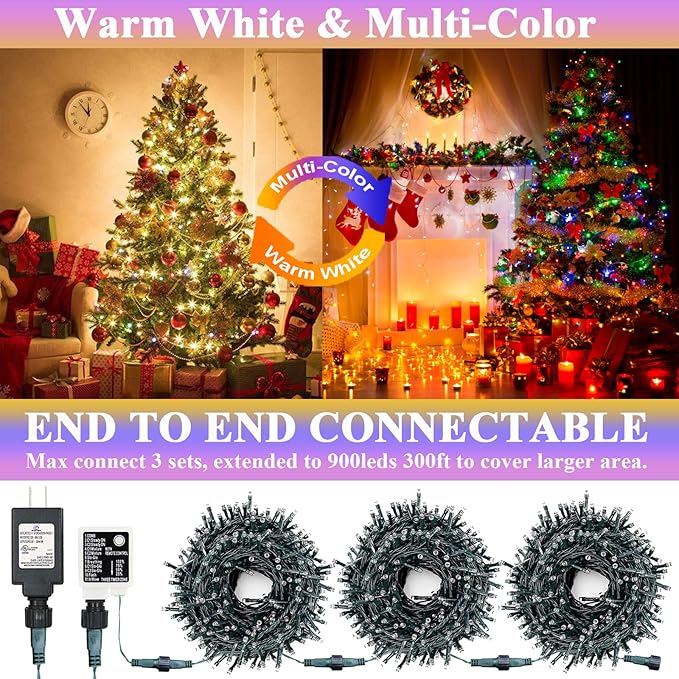 Decute 300LED Christmas Tree Lights Outdoor Indoor String Lights 108FT Extendable, 11 Modes 4 Colors Changing Waterproof Twinkle Fairy Lights Party Decor with Timer Remote(Warm White & 3 Multicolors)