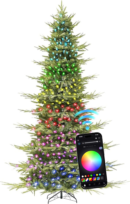 HOLLO STAR 9 ft Prelit Pencil Christmas Tree with 600 LED Lights, App Control, Aspen Artificial Christmas Tree, Multi-Color RGBW Lights, 2519 PE & PVC Branch Tips, Skinny Xmas Tree, for Home, Party