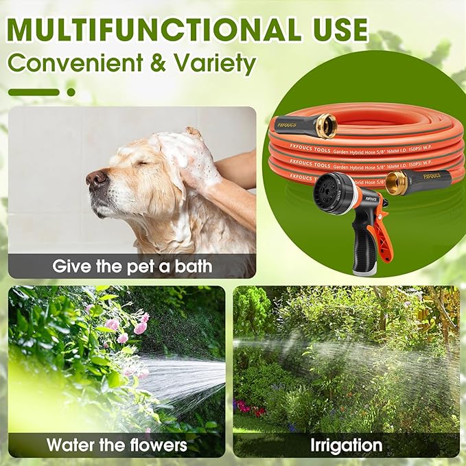 Heavy Duty Garden Hose – 5/8 Inch Flexible, Lightweight Hybrid Hose with 600 PSI Burst Pressure, Swivel Handle, and Durable Copper Male/Female Fittings (Orange with hose sprayer, 25FT)