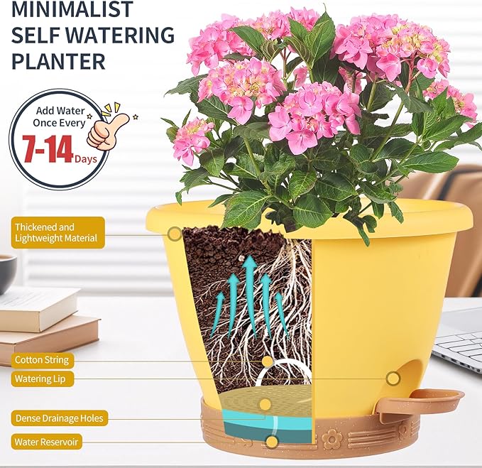 Plastic Plant Pots 10 Inch Set of 4, Self Watering Pots with Drainage Holes, Saucer & Reservoir, Flower Pots for Indoor/Outdoor Plants, Decorative Nursery Planting Pots (Yellow)