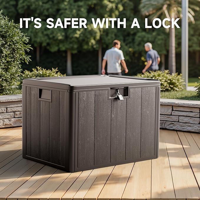 40 Gallon Deck Box, Double Layer Waterproof Resin Outdoor Indoor Storage Box, Lockable & UV Resistant Storage Bin for Patio Furniture, Garden Tools, Pool Accessories (Brown)
