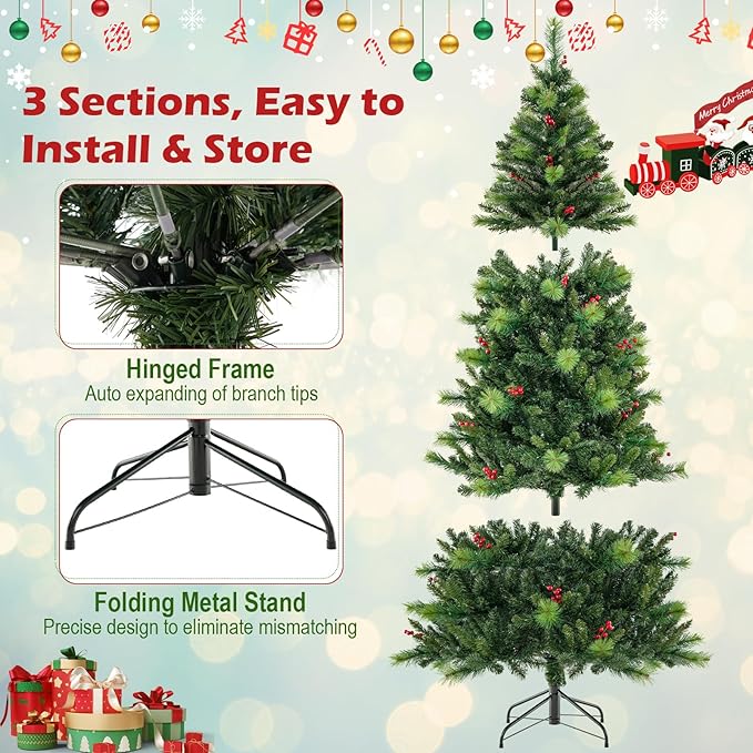 HOMGX 7ft Pre-Lit Christmas Tree with 400 Multi-Color LED Lights, Hinged Xmas Pine Tree w/ 974 PVC Branch Tips, 36 Red Berries, Remote & Timer, 9 Lighting Modes Artificial Christmas Tree