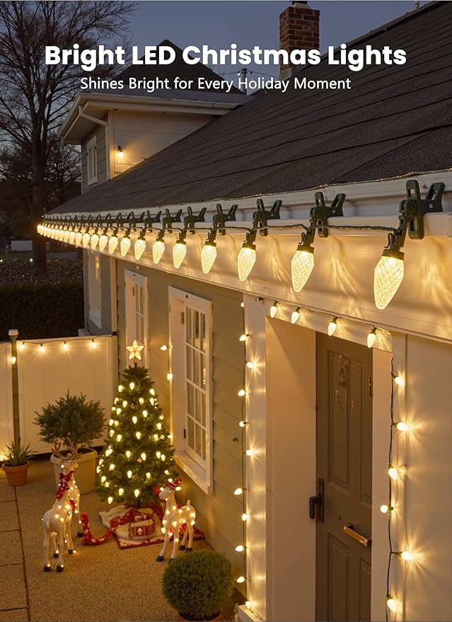 C9 LED Christmas Lights Outdoor, 66 Feet 100 LED C9 String Lights with 100 Spring Clips, Waterproof Connectable Christmas Tree Lights for Outside Roofline Patio Home Xmas Decor, Warm White 2 Pack