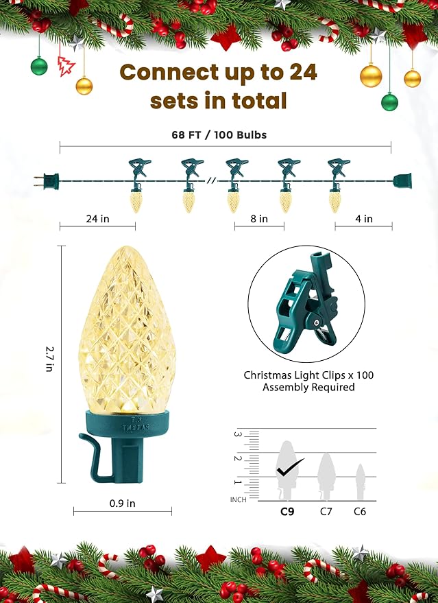 C9 68Ft Led Christmas String Lights 100 LED with Quick Clips Outdoor Waterproof Strawberry Lights, Commercial Grade Extendable for Indoor Outside Roofline Patio Home Xmas Decoration, Warm White