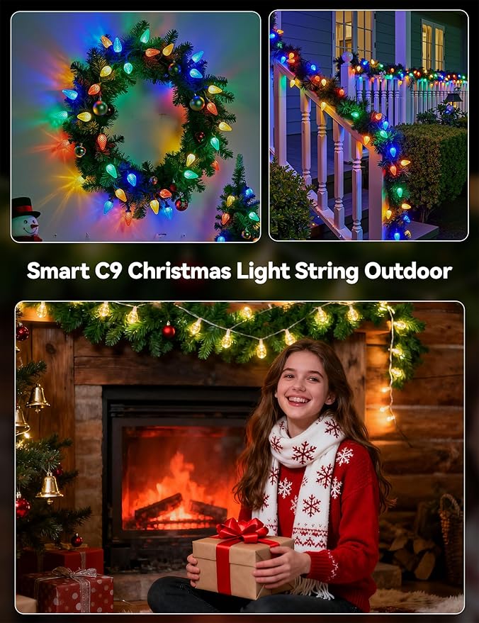 Minetom Smart C9 Christmas Lights Outdoor, 50 LED 65FT Christmas Color Changing Fairy Lights App Control, Music Sync, 105 Preset Modes, Connectable RGB C9 String Lights for House Indoor Xmas Decor