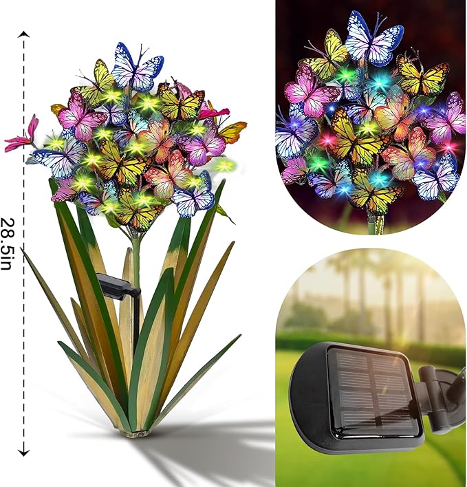 Solar Metal Agave Butterfly Flower Stick Garden Sculpture - Outdoor Christmas Lights With Swaying Butterfly - Solar Powered Gift (2 PCS Light Green)