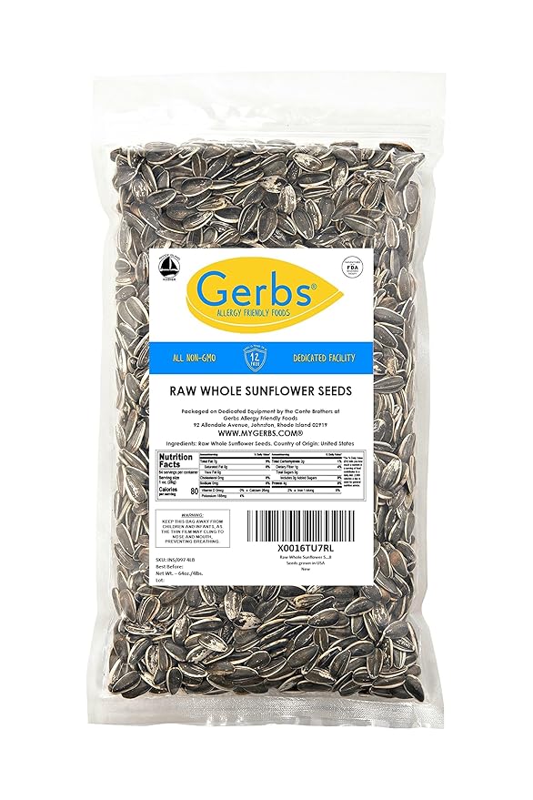 Gerbs Raw Whole Sunflower Seeds 4 lbs. | In-Shell, No Additives, Resealable Bag | Crack-and-Eat Crunchy Snack | Top 14 Allergen-Free