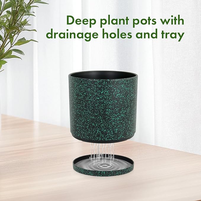 10/8/6 inch Large Deep Plant Pots for Outdoor Indoor Plants, 3 Pack Tall Cylinder Flower Pots, Plastic Planters with Drainage Holes and Saucers for Garden House, Black with Green Speckles