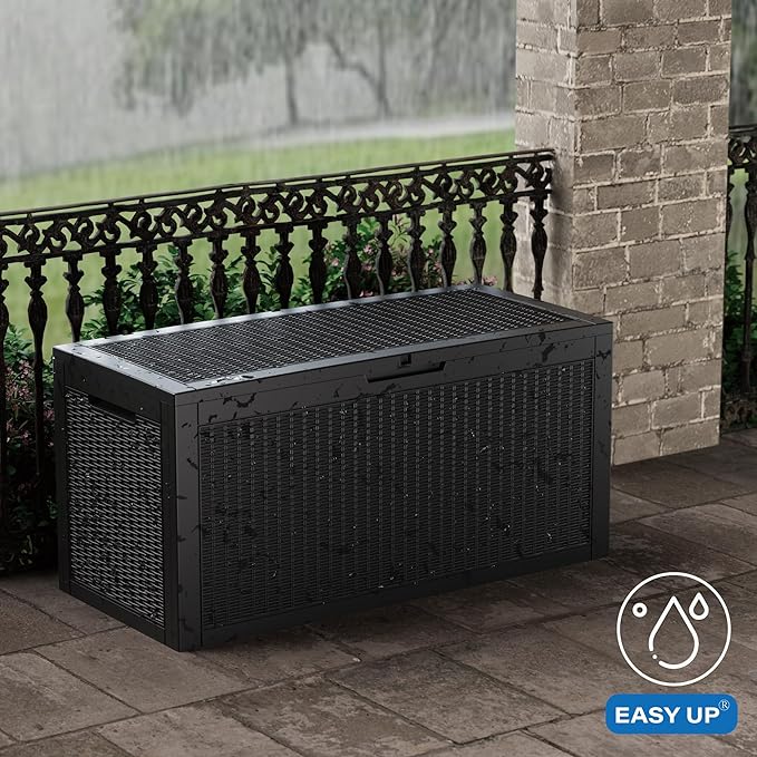 EasyUp 102 Gallon Outdoor Storage Box Waterproof, UV Resistant Resin Deck Box with Hydraulic Rod, Lockable Design and Enhanced Durability for Patio, Garden, and Poolside Use