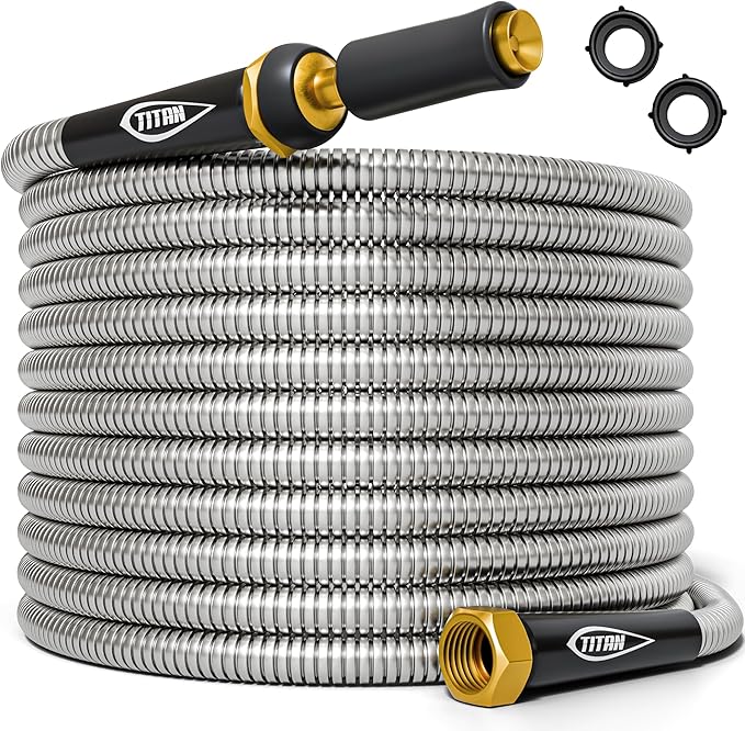 TITAN Garden Hose 150FT - 304 Stainless Steel Metal Water Hose, Flexible, Kink-Free, Lightweight, Durable Crush Resistant Fittings, Easy to Coil, 500 PSI