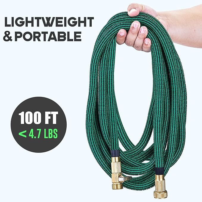 Expandable Garden Hose 100 ft Water Hose with 10 Function Spray Nozzle, Lightweight Flexible Hose with 3/4 Inch Solid Fittings and 3-Layer Latex Core, 100ft Retractable Stretch Hose, Green & Black