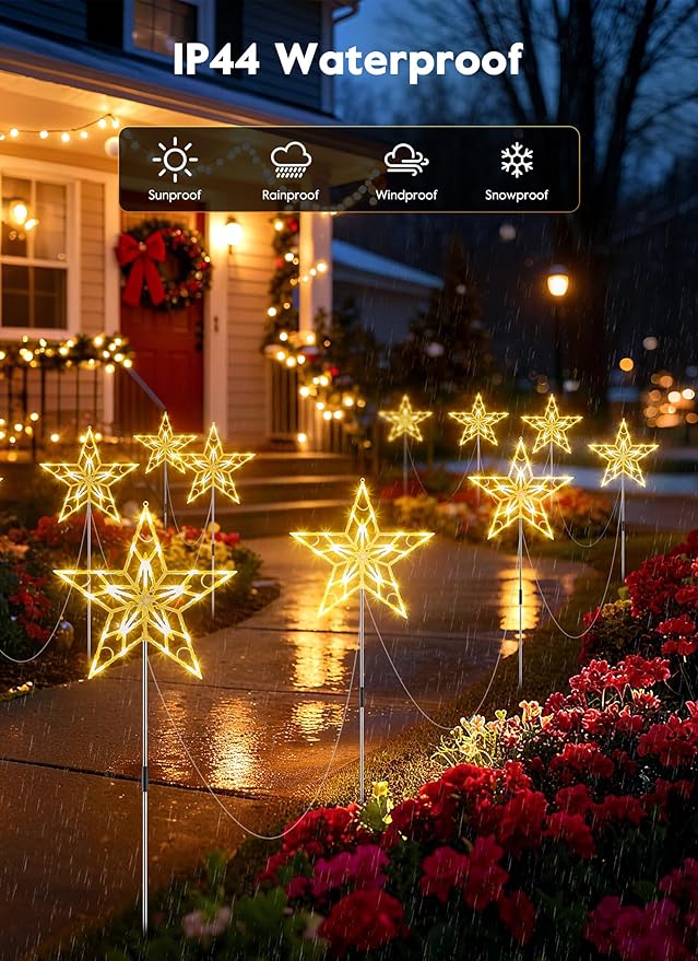 Christmas Pathway Lights Outdoor, 10 Large Outside Christmas Star Lights Decorations for Yard, Waterproof Stake Decorative Star Light for Sidewalk Lawn Path Walkway Driveway Marker, Warm White