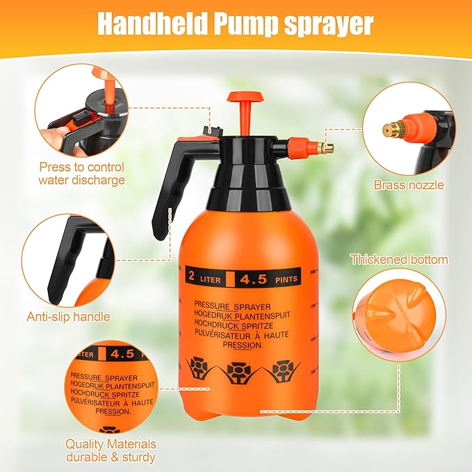 3 Pcs 1/2 Gallon Plastic Handheld Pump Sprayer – Garden Pressure Sprayer Bottle with Adjustable Nozzle for Plants, Cleaning, Household Tasks – Orange