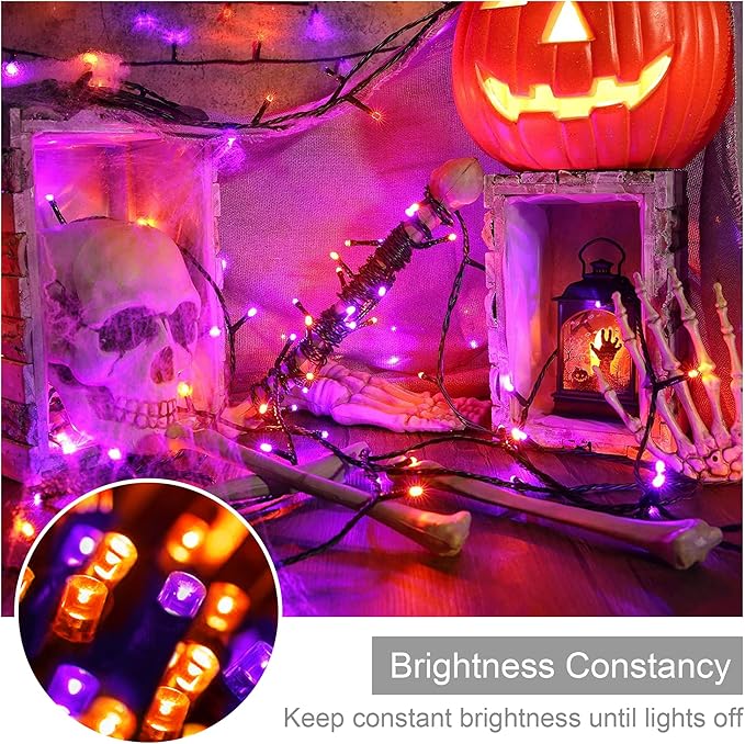 kemooie 300 LED Orange&Purple Halloween Lights, 99FT Connectable 8 Lighting Modes with Memory Function Plug in, Waterproof for Outdoor Indoor Halloween Garden Roof Decorations (Purple and Orange)