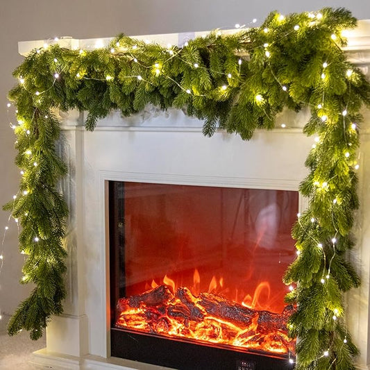 6FT Christmas Garland PARTY JOY Pine Garland with 9.8FT LED String Lights, Greenery Plant for Christmas Decorations Table Mantle Background Wall Room Outdoor Indoor Winter Decoration