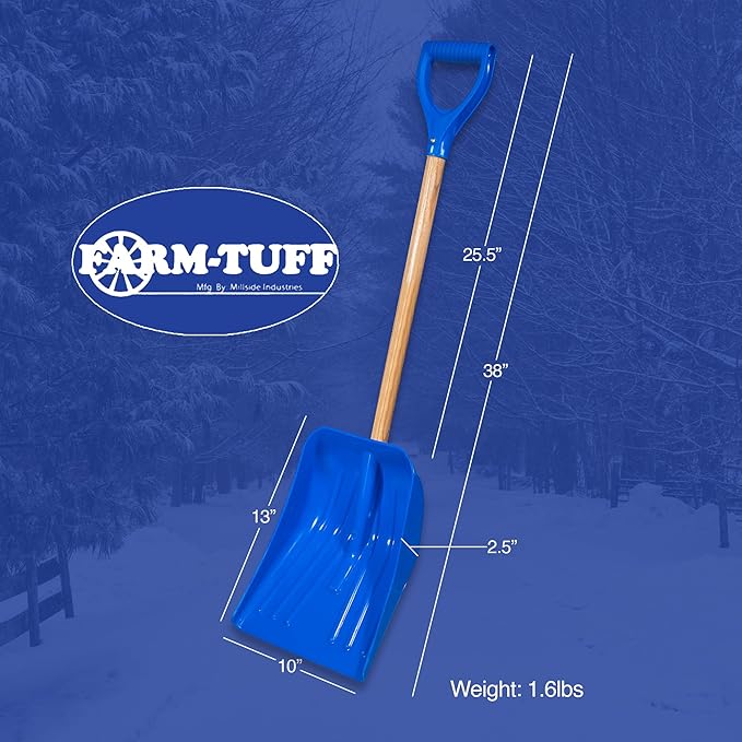 Farm-TUFF Multipurpose Car & Trunk Shovel - Heavy-Duty Ash Hardwood Handle & Non-Stick Plastic Blade - Compact, Lightweight & Durable for Snow, Soil, Mulch & Gardening, Blue, 10in