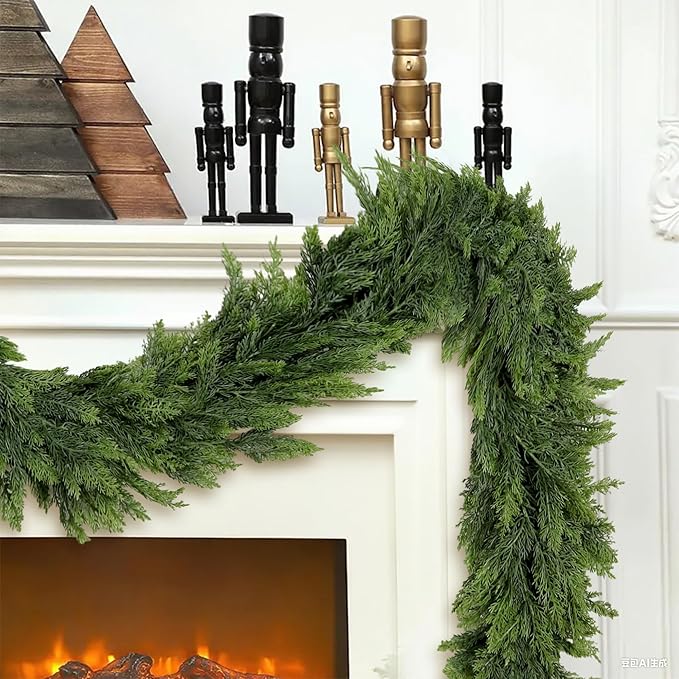 9FT Artificial Christmas Cedar Garland, Realistic Soft and Thick Touch Greenery Cedar Pine Garlands for Mantle Table Fireplace Door Stairs Holiday Christmas Decorations Outdoor Indoor(1pcs)