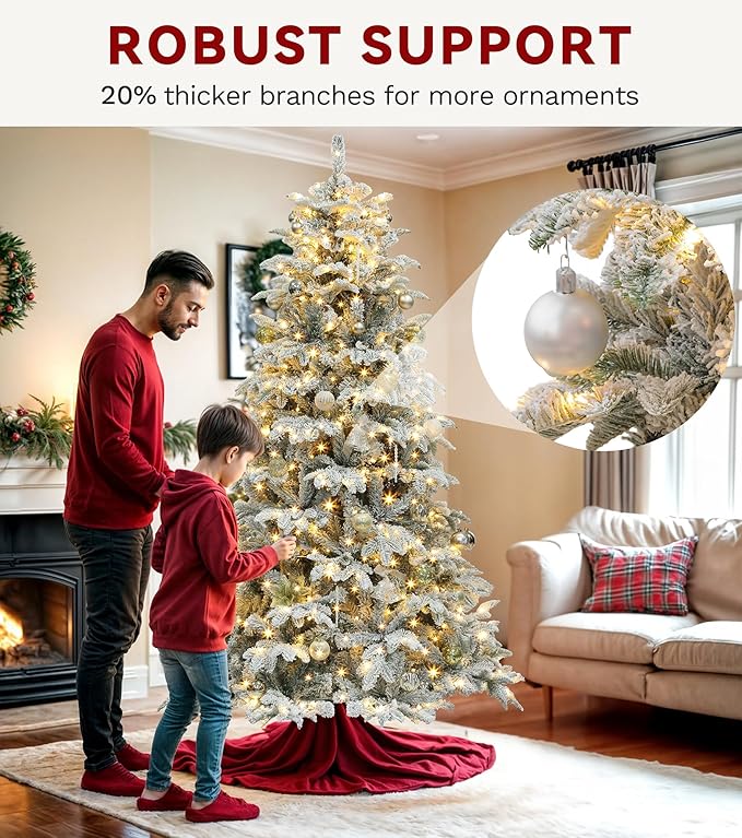 DWVO 7.5 FT Pre-Lit Snow Flocked Christmas Tree, Layered Artificial Xmas Tree with 1010 PE & PVC Branch Tips and 450 Multi-Mode Lights for Home, Office, and Party Decor with Remote Control