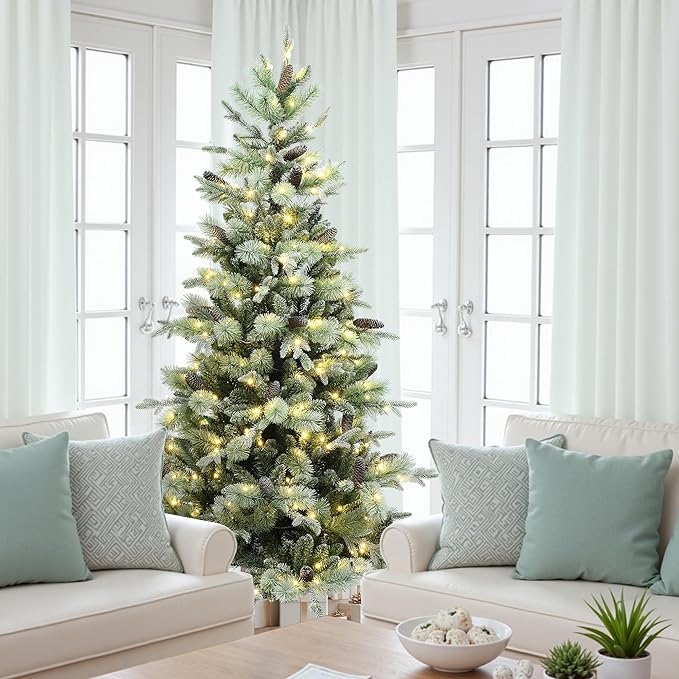 LuxenHome 6.5FT Prelit Christmas Tree with Lights, Green Flocked Artificial Christmas Tree with Pine Cone, 270 LED Lights, 952 PE+PVC Branch Tips, Prelit Pine Tree Indoor, Outdoor Holiday Décor