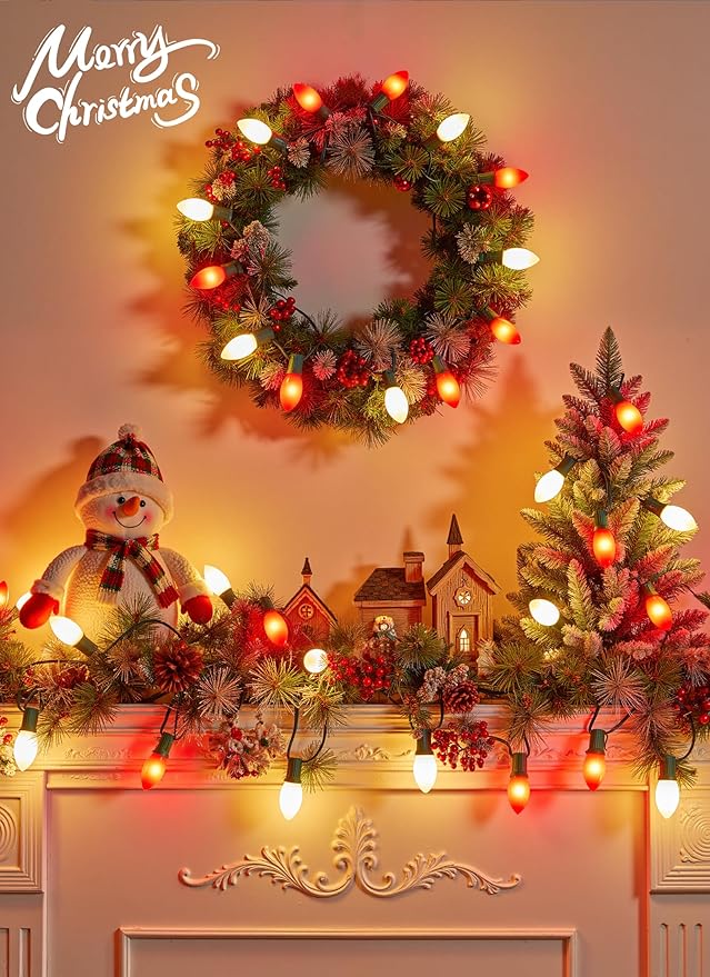 Vintage C9 LED Christmas Lights Outdoor, 100 Feet C9 String Light with 100 Shatterproof C9 Bulbs, Waterproof Connectable Christmas Tree Lights for Outside Roofline Patio Xmas Decor, Red & Warm White