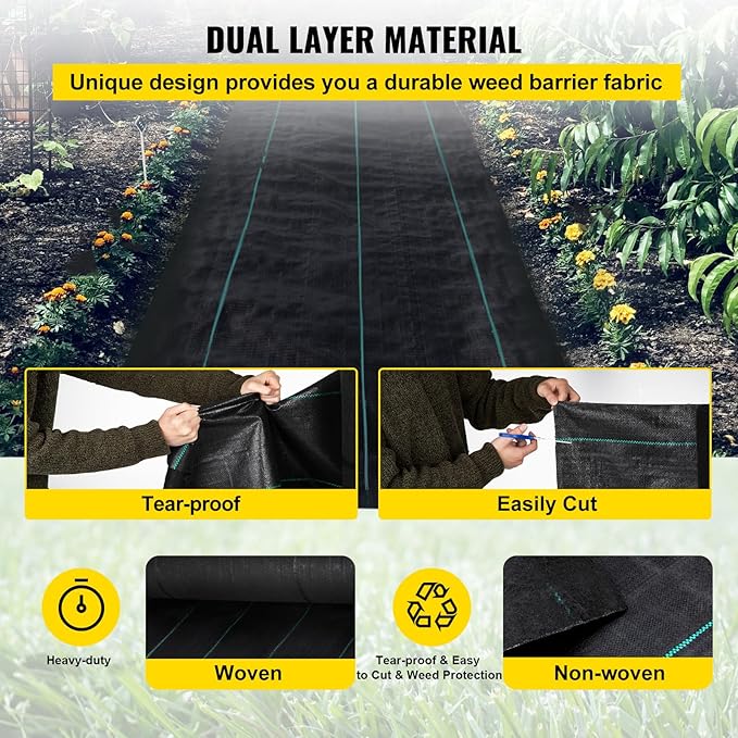 VEVOR Weed Fabric Barrier Heavy Duty, 3x300 FT, 5.8oz Weed Blocker Fabric, Woven Landscape Fabric, Garden Fabric Weed Barrier, Weed Control Fabric Ground Cover, Geotextile Fabric, Gardening Mat, Black