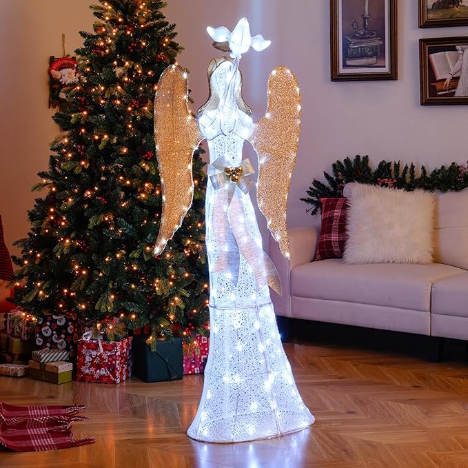 Tangkula 5.5 FT Christmas Lighted Angel, 3D Pre-lit Halo Angel with Pigeon, Golden Wings, Zip Ties and Ground Stakes, Xmas Holiday Decoration for Outdoor Indoor Home Yard Porch