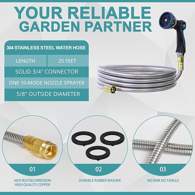 25FT Garden Hose, 304 Stainless Steel Water Hose, Flexible with a 10-Mode Nozzle Sprayer, No Kink, Lightweight, Puncture Proof, Ideal for Yard, Lawn, Outdoor, 5/8'' Outside Diameter