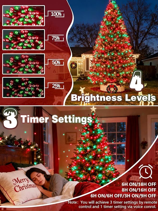Voice Controlled Christmas Lights with Remote, 99 FT 300 LED String Lights Indoor Outdoor with 12 Modes 3 Timers, Dimmable Twinkle Light Plug in Waterproof for Xmas Tree Party Decor, Red and Green