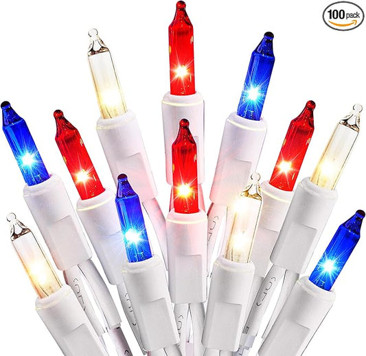 4th of July Decorations Patriotic Lights 100 Count Mini Red White Blue Incandescent Bulb Plug in Independence Day Lights for Indoor Outdoor Home Garden Patriotic Theme Memorial Day Decorations