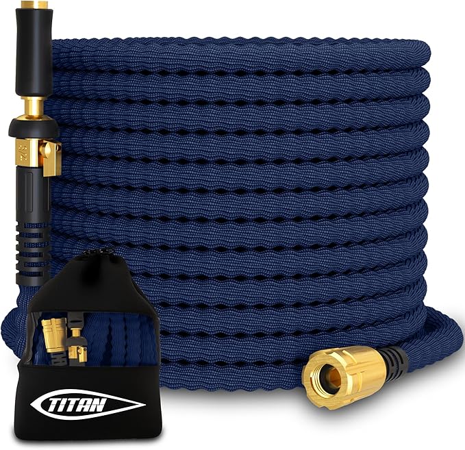 TITAN Flexible Garden Hose 10FT – Ultra Lightweight, Heavy Duty Water Hose with Brass Fittings & Jet Nozzle – Kink-Free, Non-Expanding, Durable Fabric Hose for Yard, Lawn, Car Wash, Outdoor Use